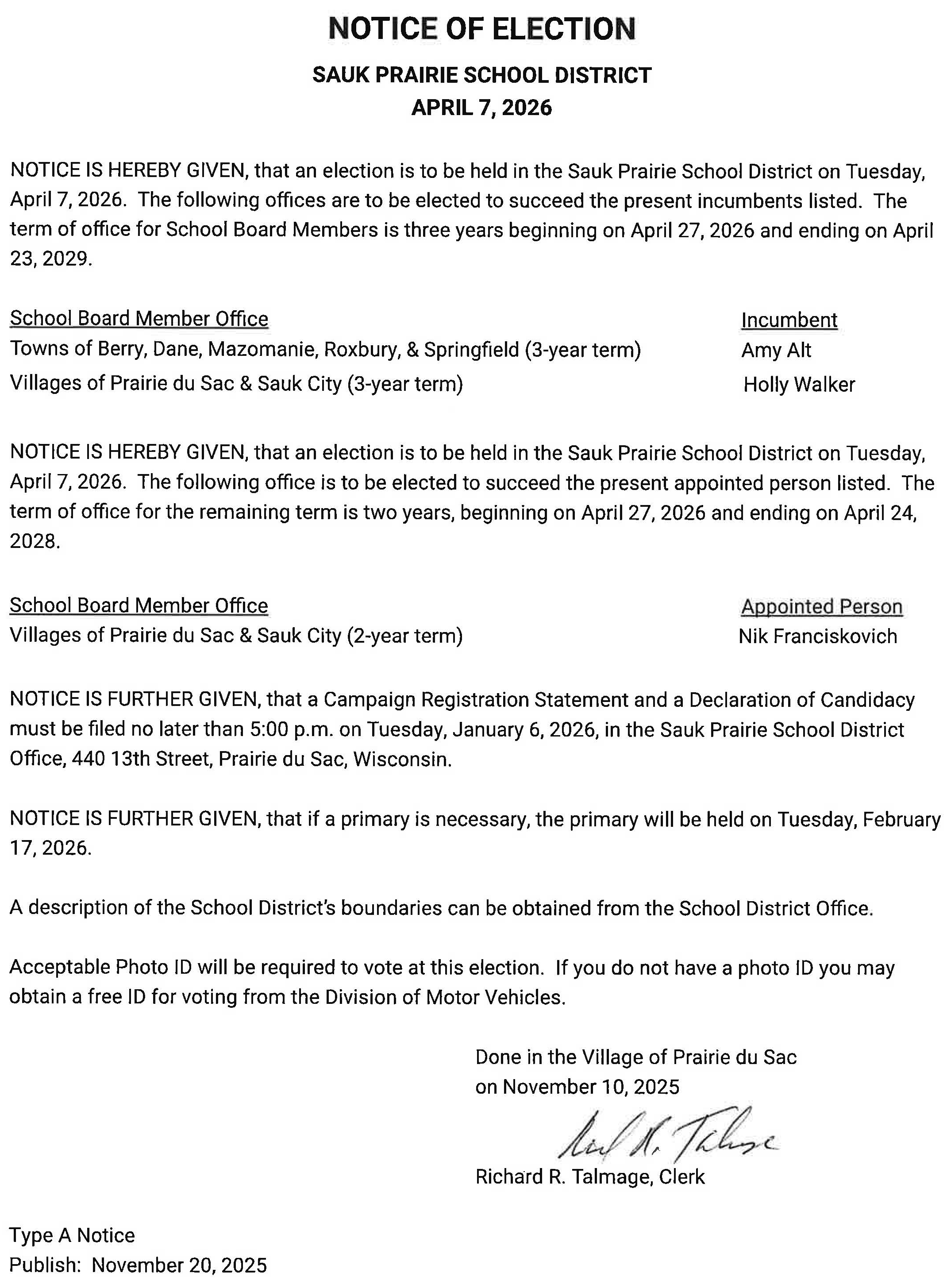 Notice of Election