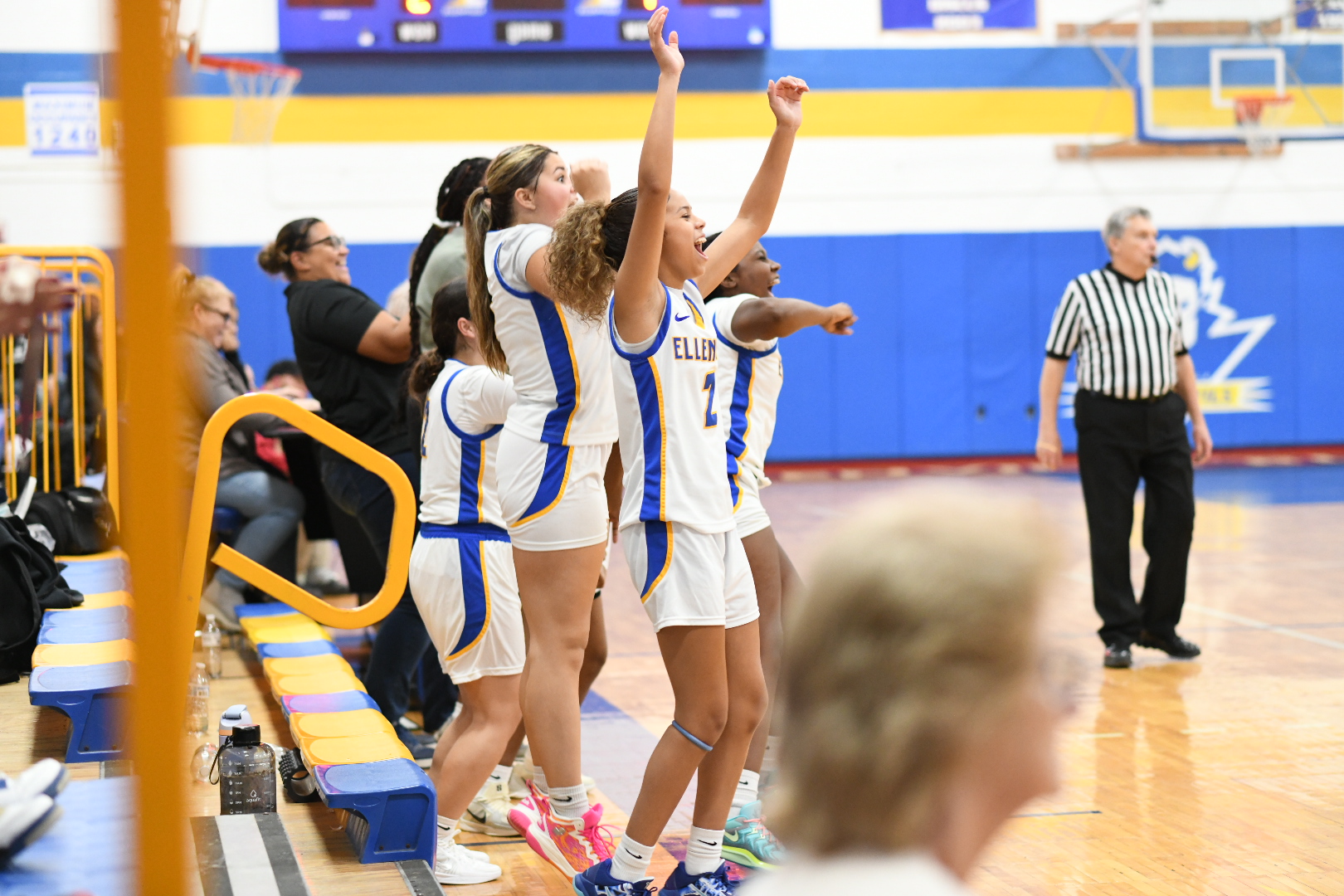 Basketball players cheer on the sideline