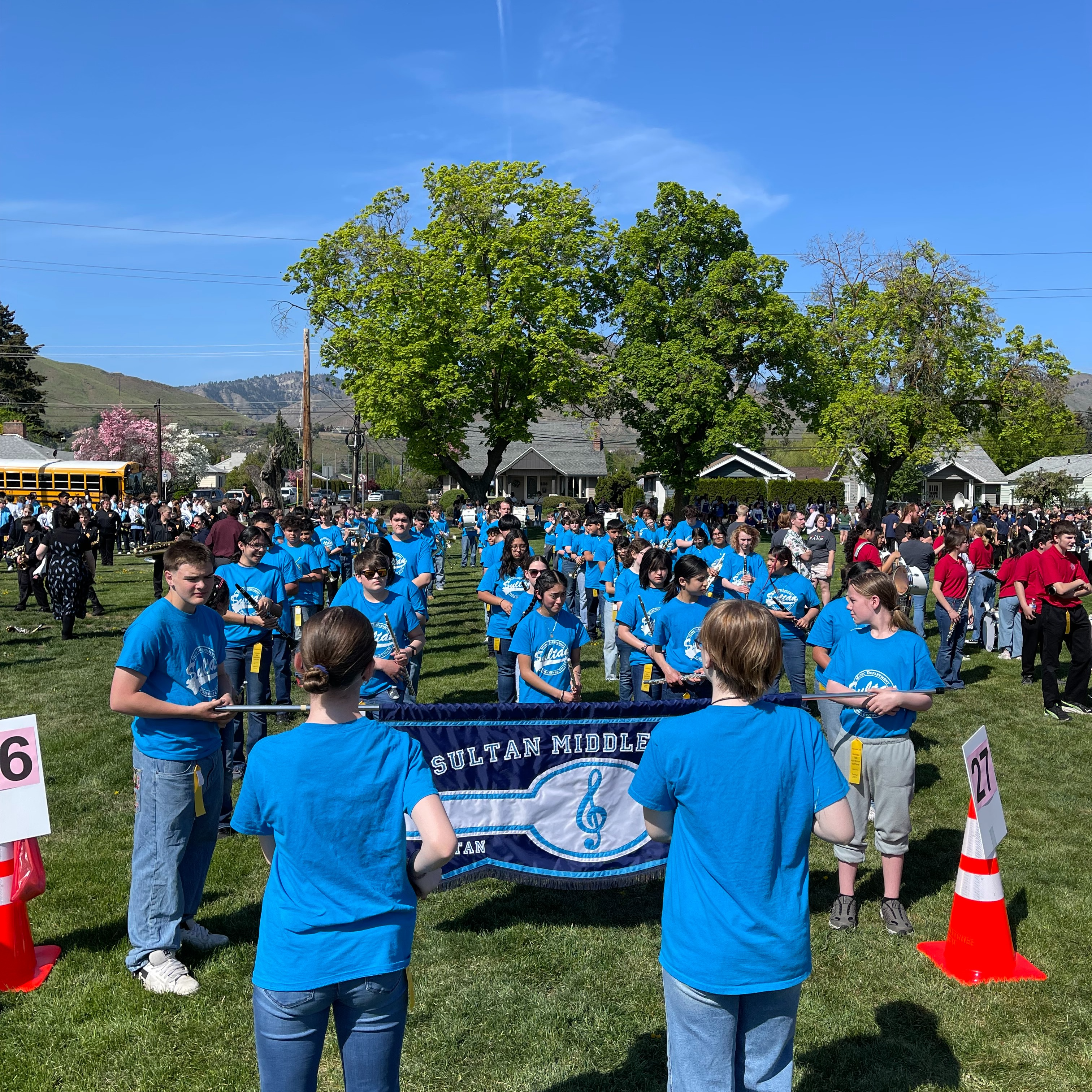 Skyhawk Marching Band preparing fo r the Jr. Apple Blossom Parade