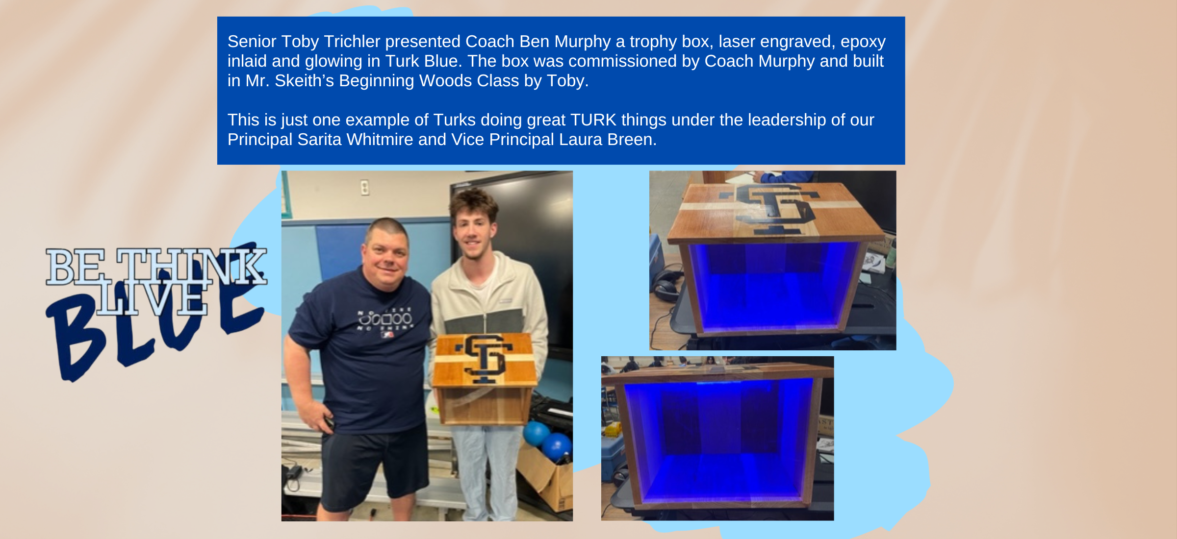 Senior Toby Trichler and Coach Ben Murphy and trophy box