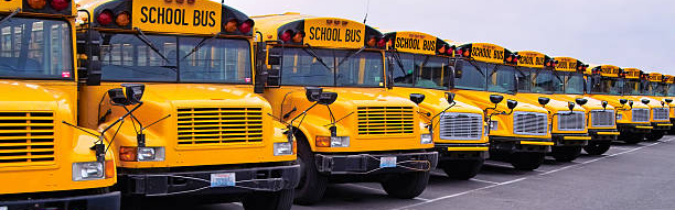 Picture of several buses parked side by side in a line.  This image is linked to bus routes for the school year.