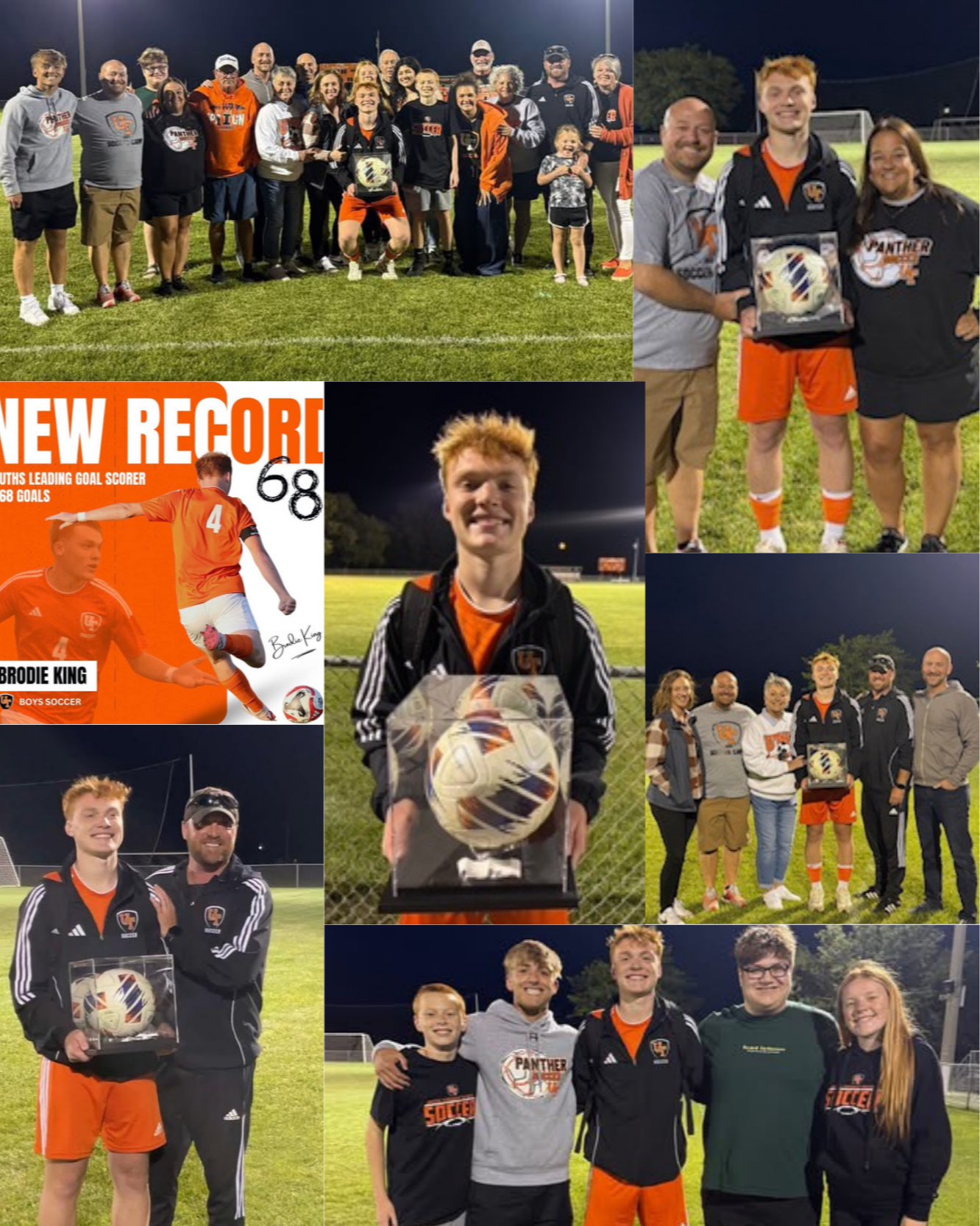 Images of Brodie King and family celebrating his success of breaking a record as leading soccer goal scorer. Taken at UTHS Panther Pitch.
