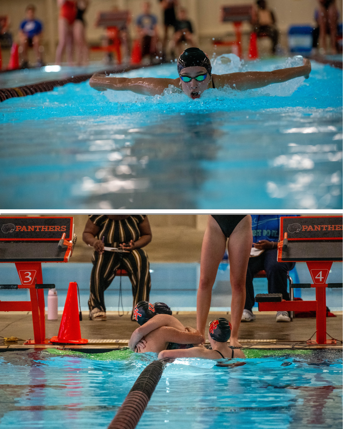 Picture collage of swim event.