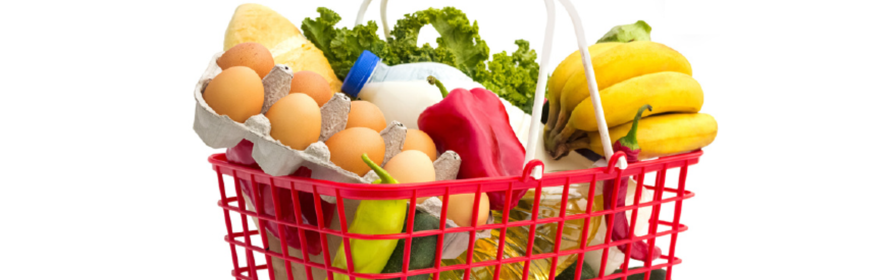 Red grocery basket full of food.