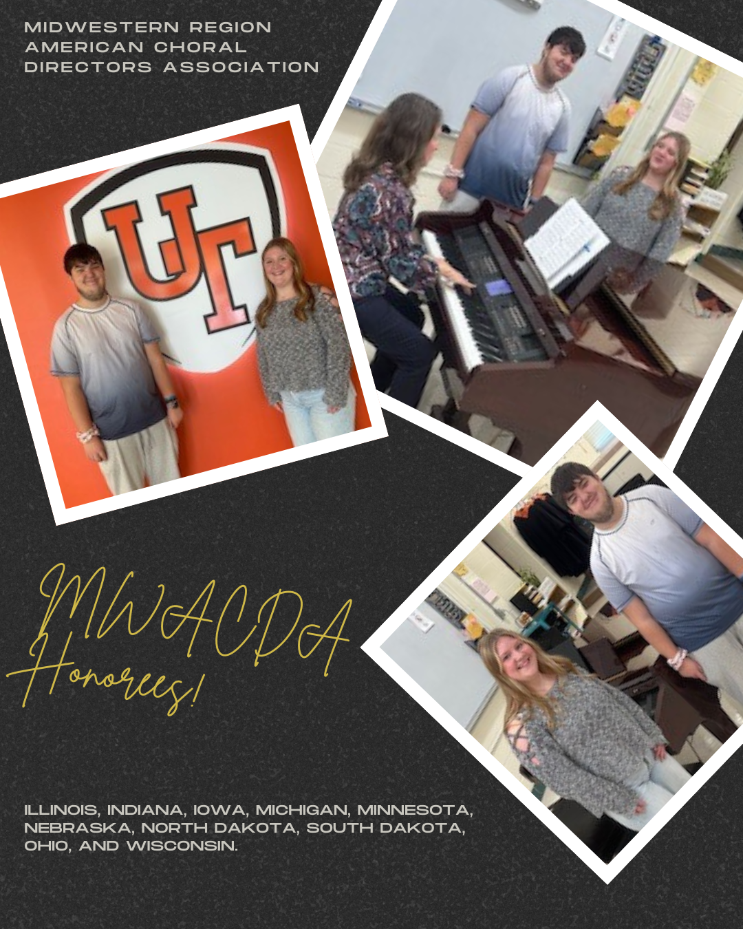 Three photo collage of two students and their choir teacher. There is one female student and one male student that were honored. The teacher is female.