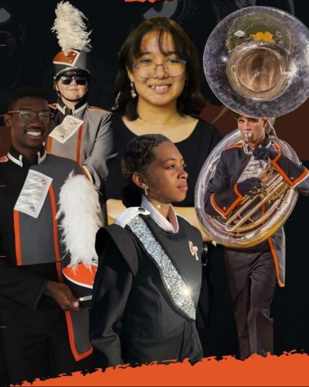 Marching band All State UTHS Musicians. Two males, including one with a tuba, and three females. Four of five students pictured in their marching band uniforms.