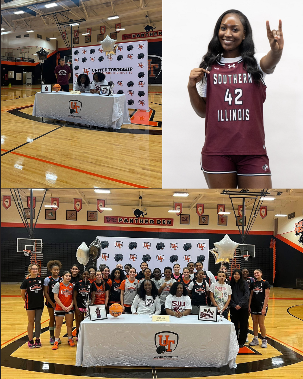 Three photo collage of female student and basketball player signing her NIL with Southern Illinois University in Carbondale. First photo is student with her coach and mother at a table in gym signing the letter. Second photo is student n her college basketball uniform. The third photo is the student and mother at table with her high school team surrounding her.