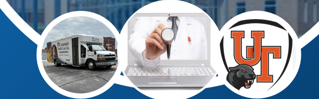 Advertisement for CHC School based health services. Image includes a picture of the mobile bus, computer with image of doctor to represent telehealth, and the UT crest.