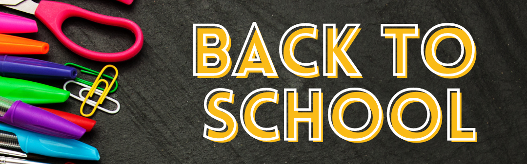Black chalkboard background with multi-colored pens, paperclips and scissors on left side of screen. Back to School is written in yellow font and outlined in white.