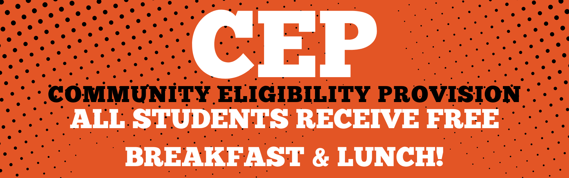 CEP announcement on orange background with black dot pattern.