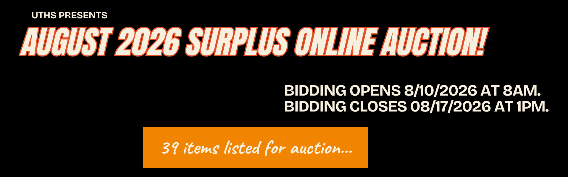 Surplus Auction Notice. Color theme is in orange, balance, and cream.