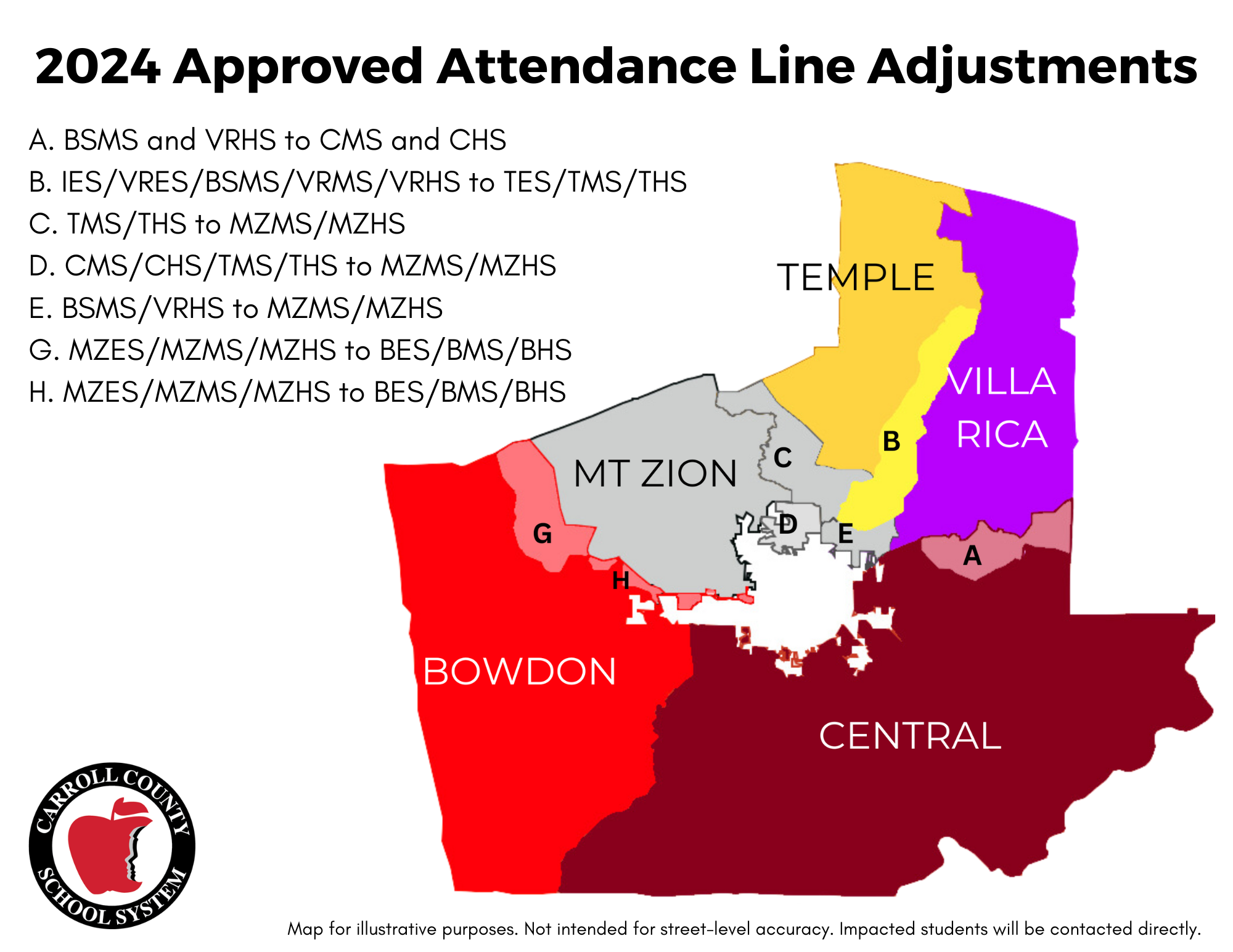 Map showing new attendance zones for the 2024-2025 school year