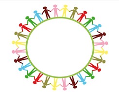 Stick figures standing in a circle holding hands - each stick figure is alternative colors between brown, pink, yellow, green, red, blue, and army green..