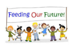 cartoon of school children holding a sign together reading "Feeding Our Future" 