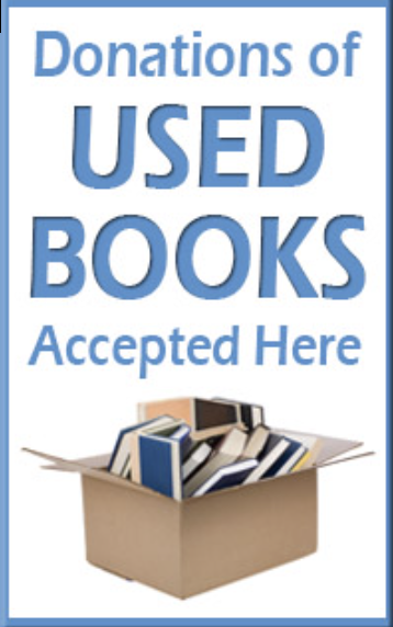 image of a box with books inside reading Donations of Used Books Accepted Here