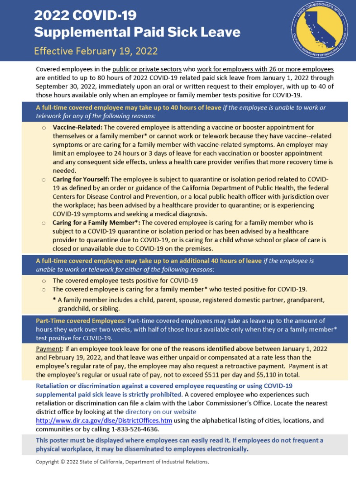 image of 2022 COVID-19 Supplemental Paid Sick Leave poster - click to view PDF