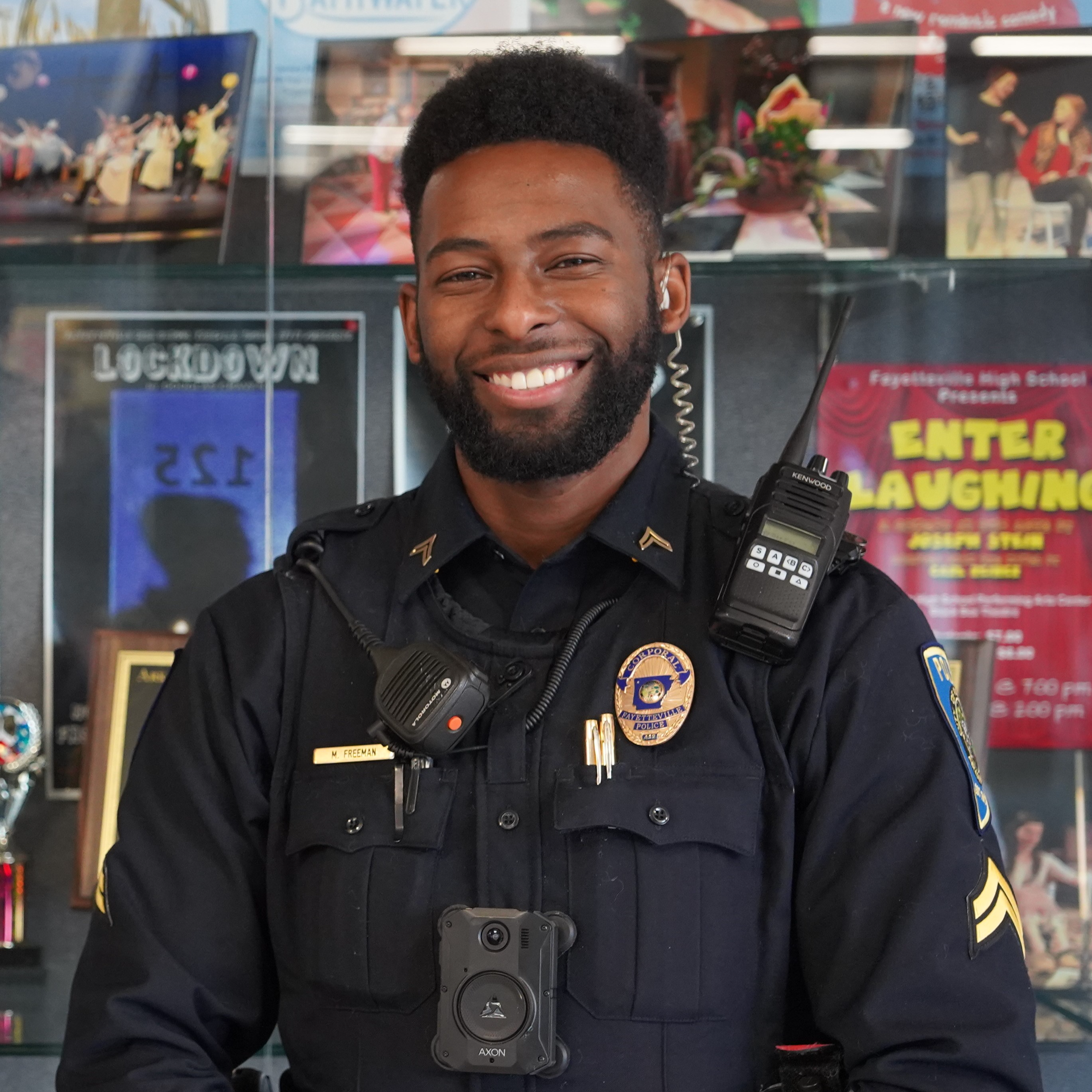 Meet Corporal Malik Freeman! Cpl. Freeman is one of two Student Resource Officers (SRO) at Fayetteville High School and assists with coverage of Leverett Elementary, the Stephen M. Percival Adult Education Program, and the Fayetteville Virtual Academy.