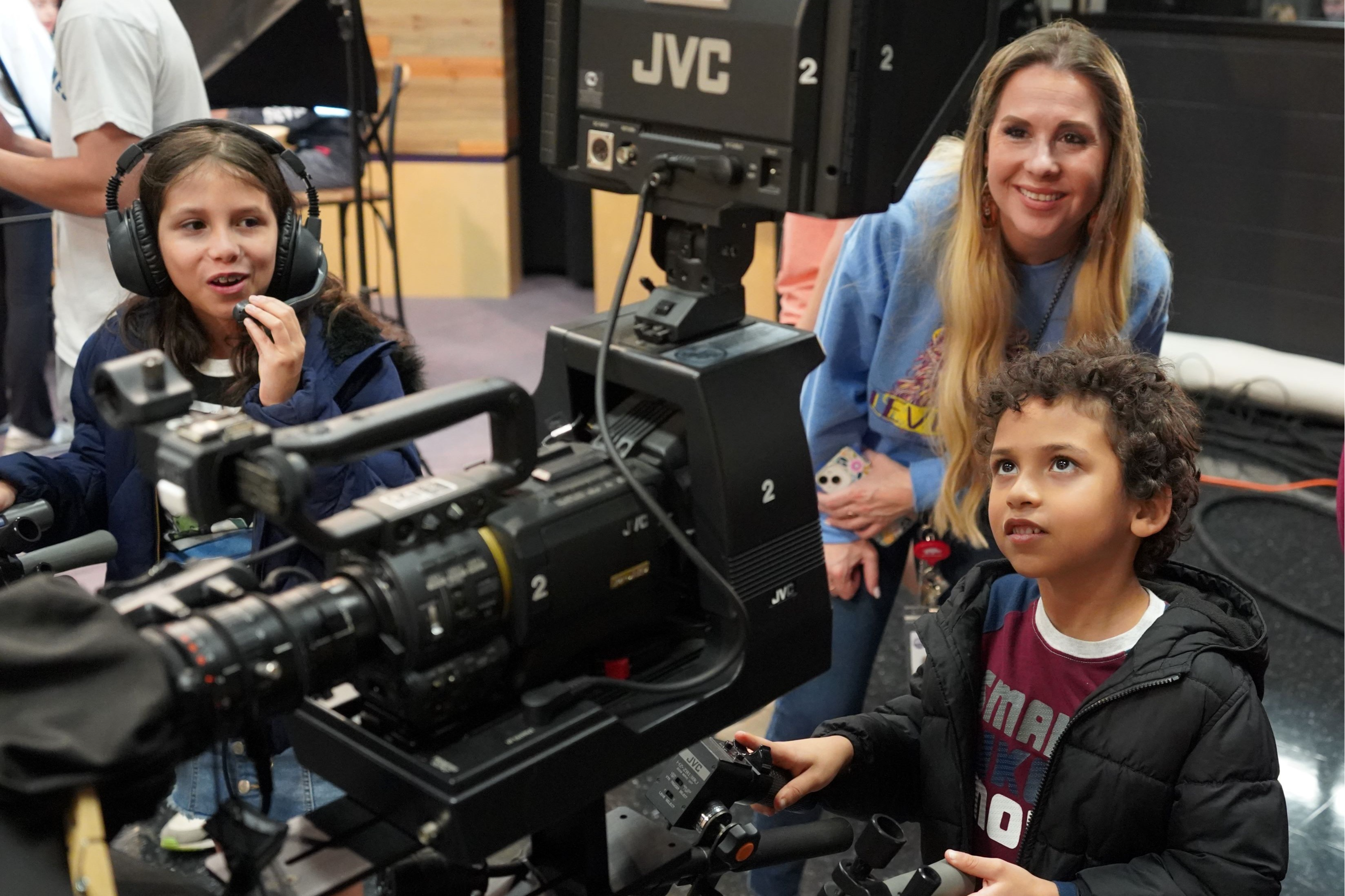 Leverett students and principal at the FHS TV news room