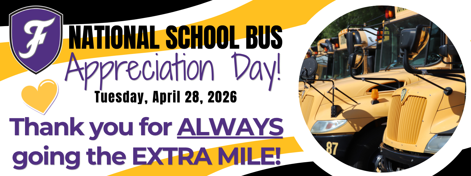 A banner promotes National School Bus Appreciation Day on April 28, 2026, featuring yellow school buses and a heart.