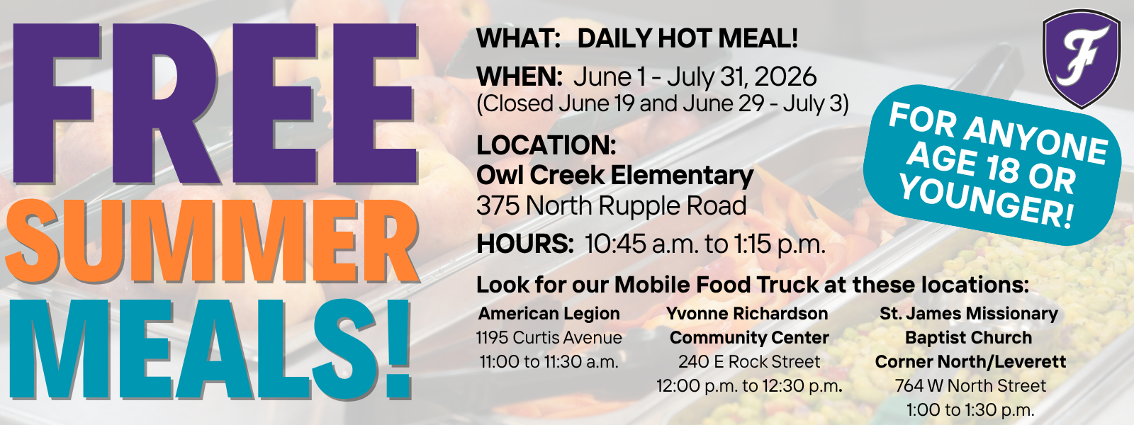 An advertisement for free summer meals. Location: Owl Creek Elementary. Dates: June 1-July 31, 2026. Hours: 10:45 am to 1:15 pm.