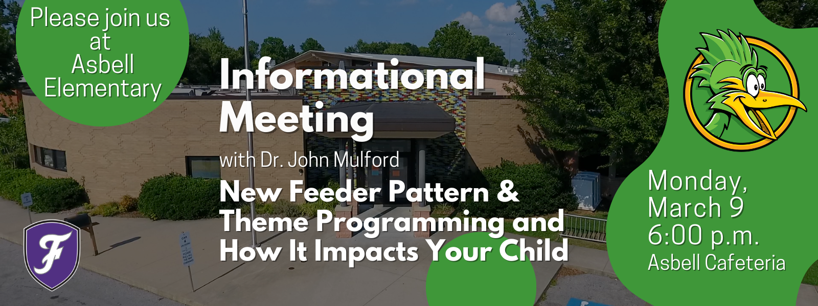 Un volante con gráficos verdes y blancos muestra detalles sobre una reunión informativa el 9 de marzo en la escuela primaria Asbell.