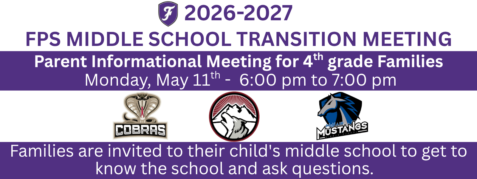 Purple banner with white text, featuring the title "FPS Middle School Transition Meeting" and logos for Cobras, Mustangs, and another.
