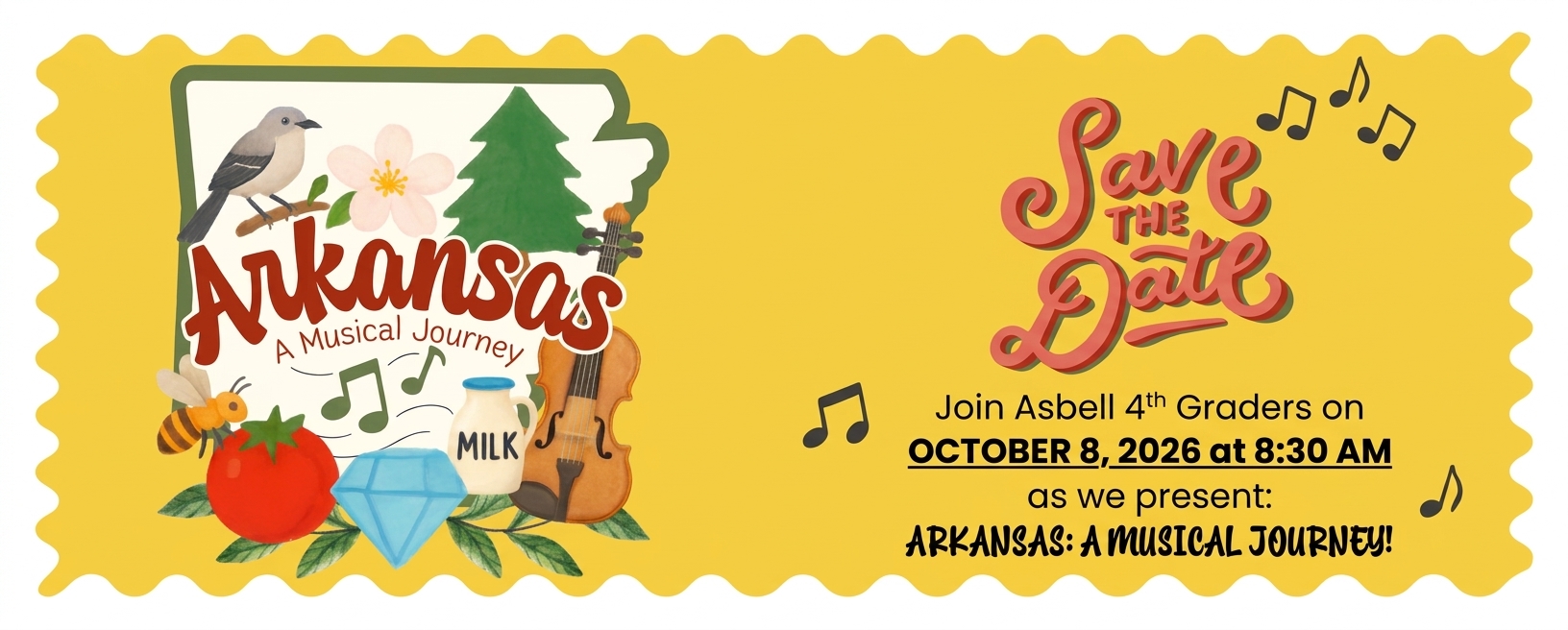 A poster invites fourth graders to an October event. It features music notes, a tree, a bird, a violin, and other items.