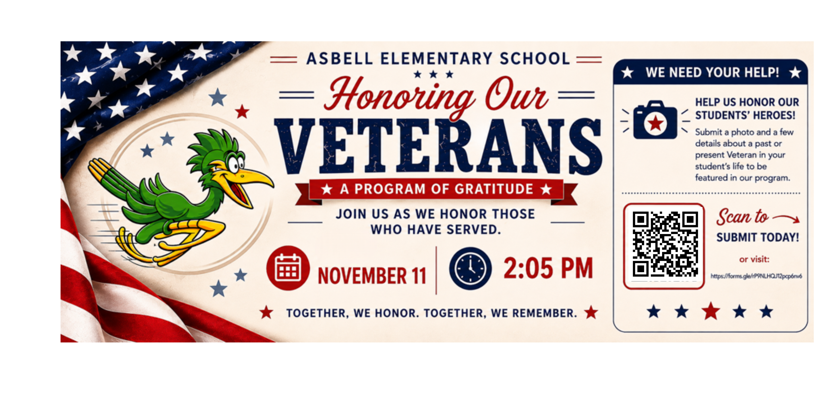 A poster with a flag and a bird. Text reads "Honoring Our Veterans" and "A Program of Gratitude." Event date: November 11, 2:05 PM.