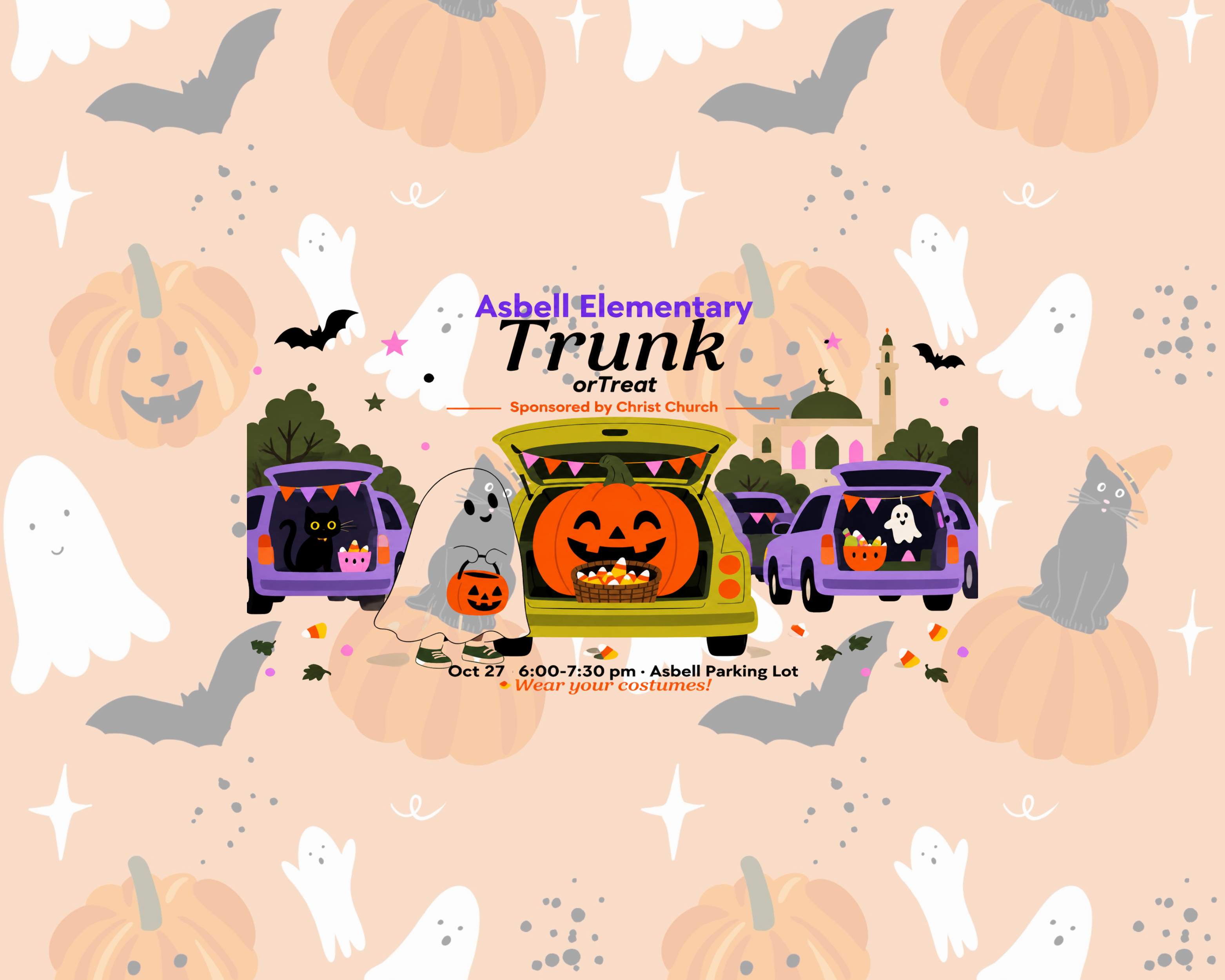 Halloween cars parked with pumpkins, ghosts, and bats in trunk on pink background.