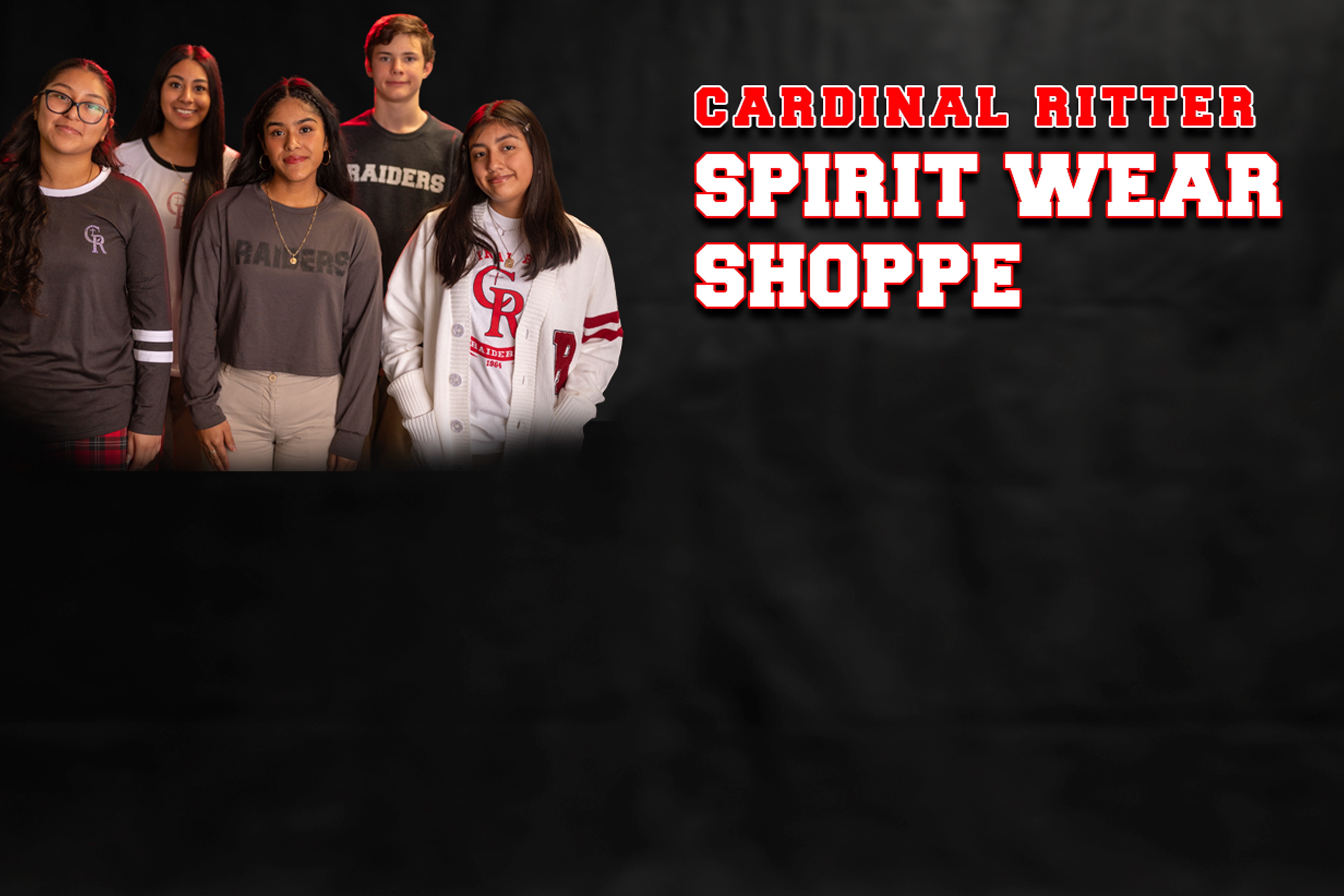 Six individuals in gray and white shirts pose in front of a black background. Text reads "Cardinal Ritter Spirit Wear Shoppe".