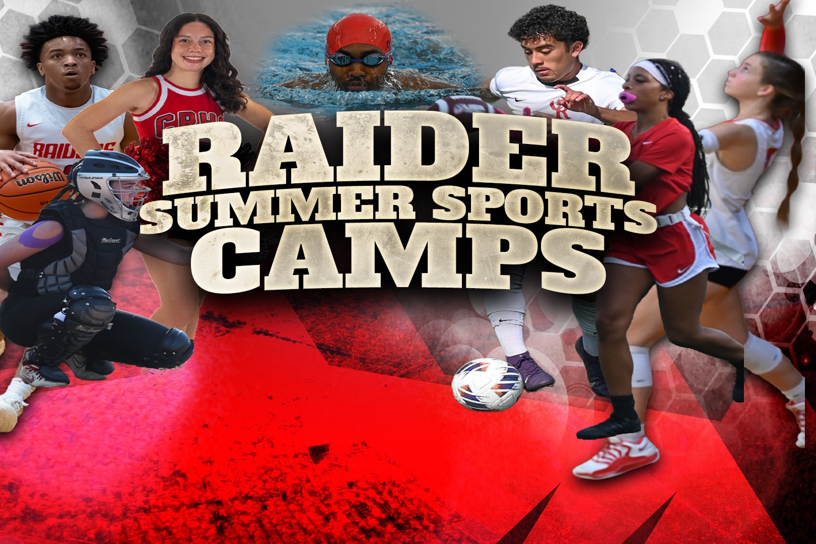 Sports poster featuring six athletes in red, white, and black uniforms. A red background with a hexagon pattern.