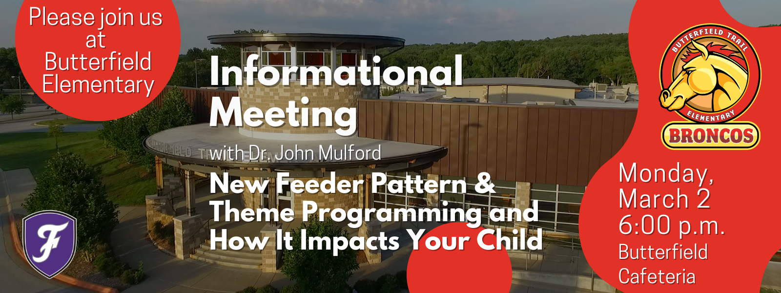 Event poster with a school building, "Informational Meeting" text, and icons. It reads, "New Feeder Pattern &amp; Theme Programming and How It Impacts Your Child."