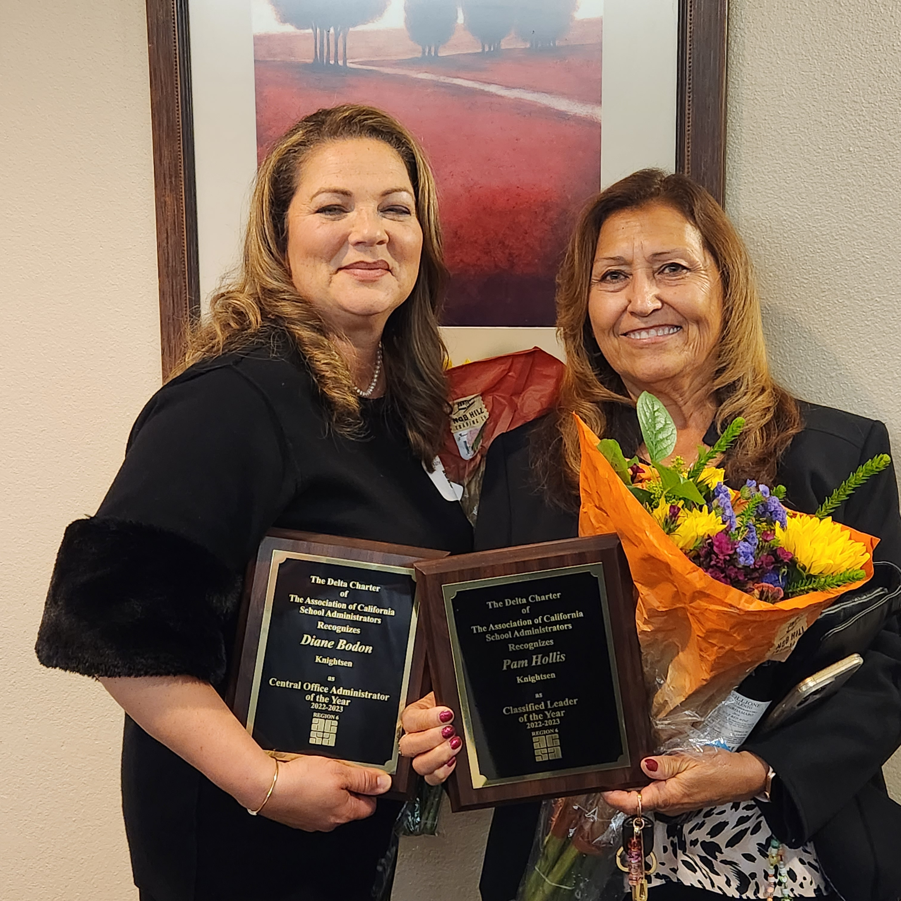 Diane Bodon (L) and Pam Hollis (R) Recognized for outstanding leadership at the ACSA Delta Charter Awards. 