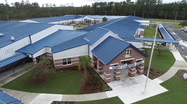 aerial view of School building exterior and entrance