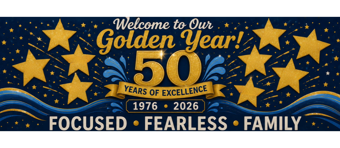 Waccamaw Elementary's 50th anniversary welcome display featuring a large gold "50," blue and gold waves, and stars highlighting school values and 50 years of excellence (1976–2026).