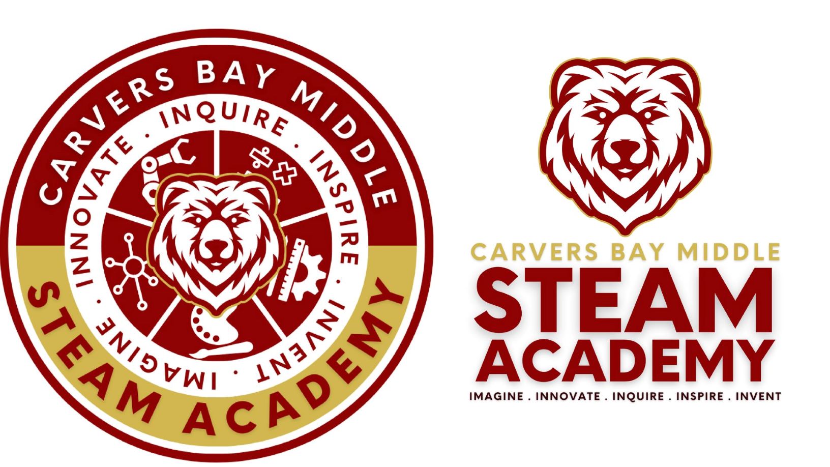 Carvers Bay Middle STEAM Academy slogan with the following words:  Imagine, Innovate, Invent, Inquire, and Inspire.  The graphic also contains a clipart image of the school's mascot, a bear's head .