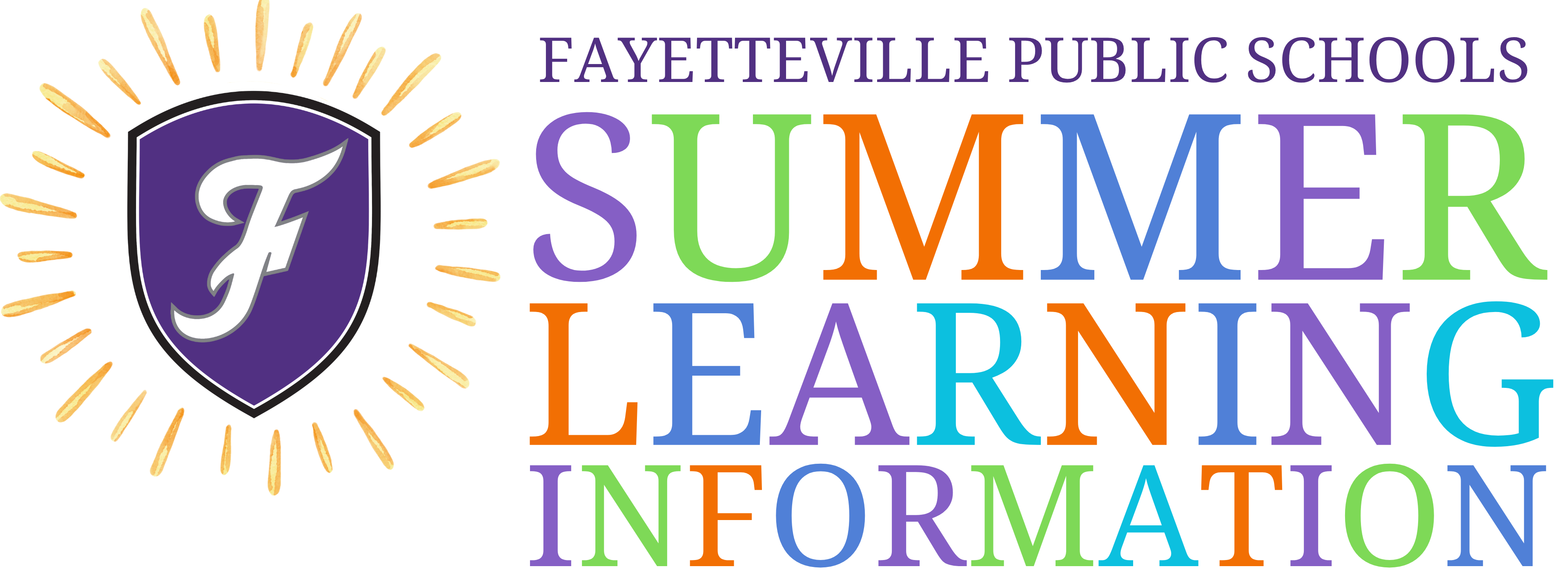 Logo for Fayetteville Public Schools Summer Learning Information. It includes a shield with a letter F and rays.