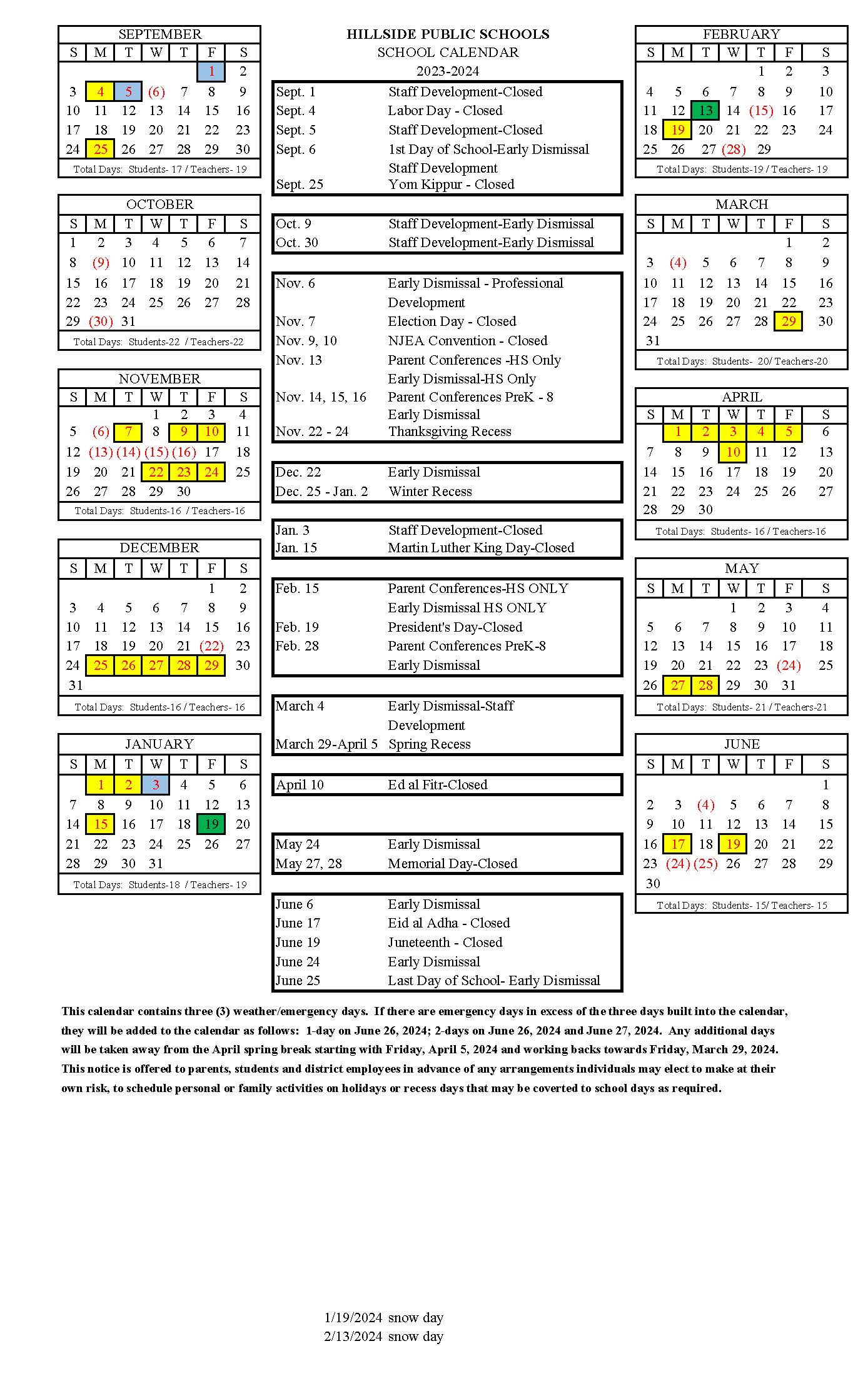District Calendar | Hillside Public Schools