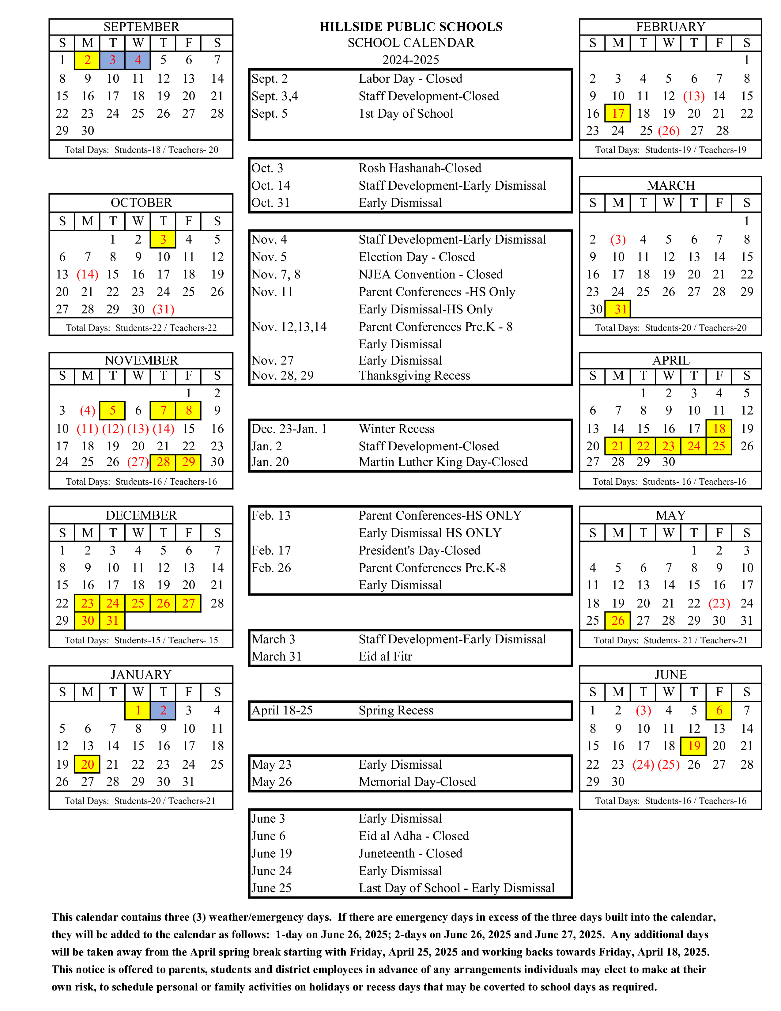 District Calendar 2024 - 2025