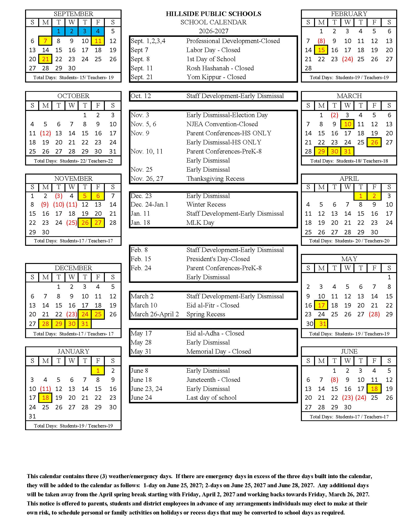 district calendar 2026 - 2027