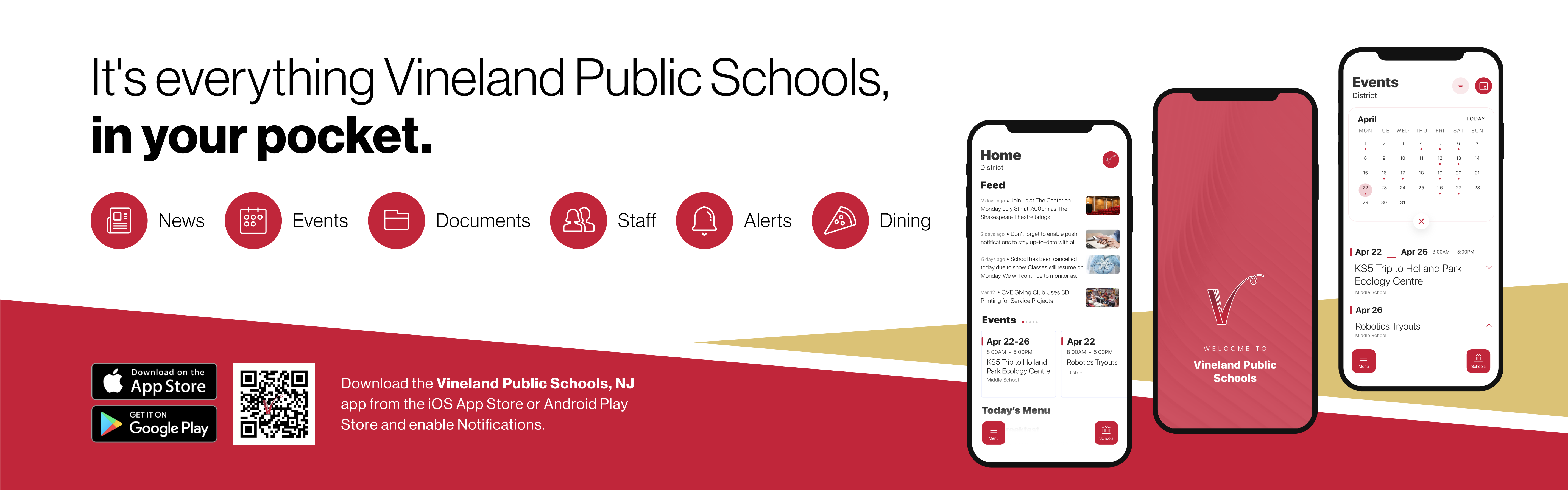 An advertisement for the new Vineland Mobile App. "It's everything Vineland Public Schools, in your pocket."