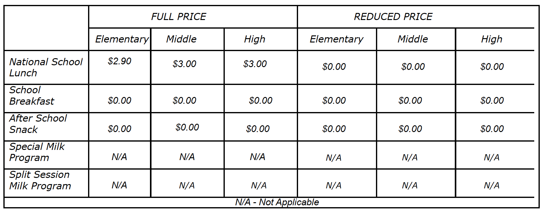 2023-24 student meal price chart