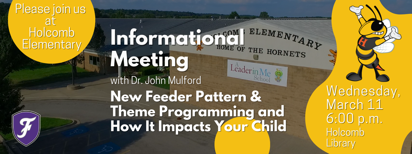 Poster advertising an informational meeting at Holcomb Elementary. Features a bee, date, time, and information about theme programming.