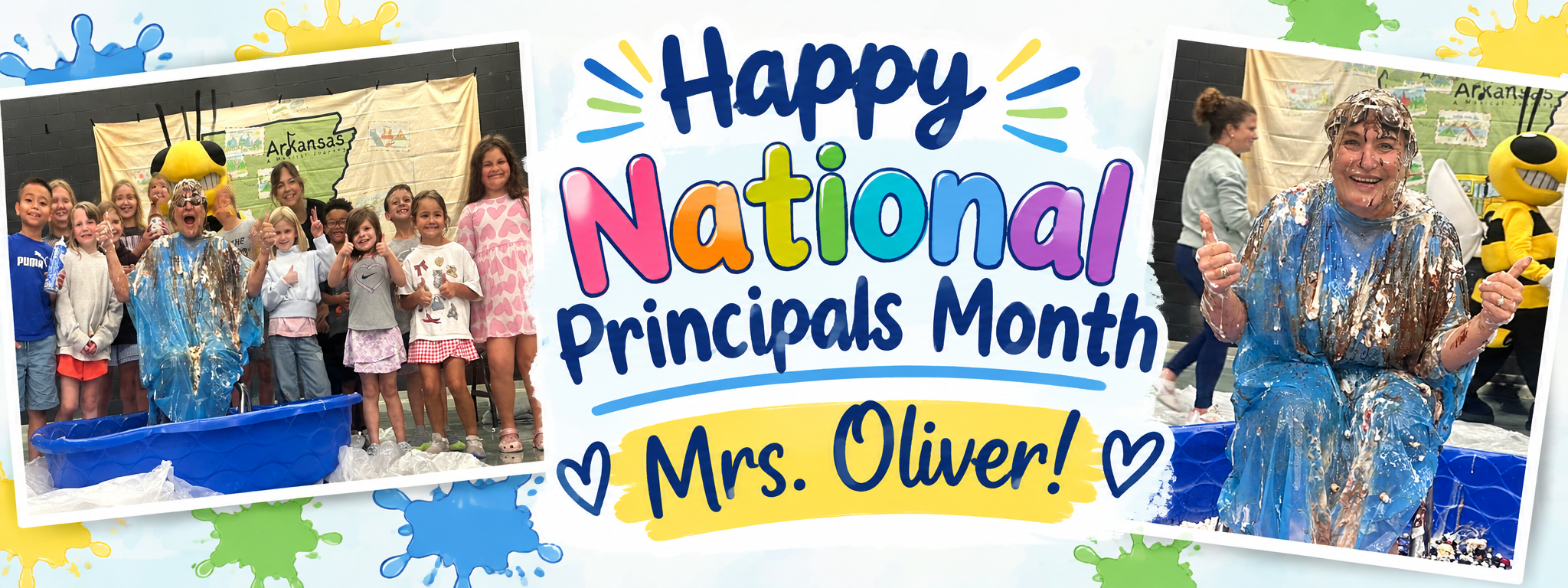 A collage shows children in raincoats and a woman in a blue dress. Words read "Happy National Principals Month Mrs. Oliver!"