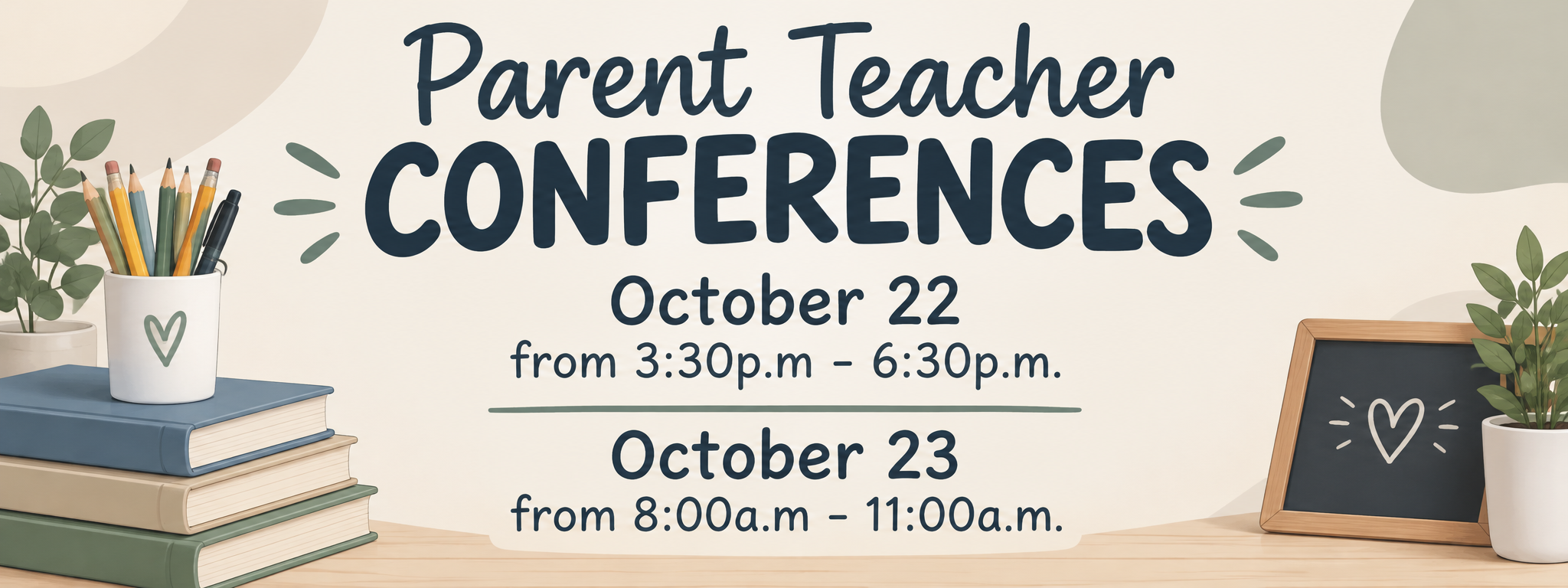 An image with text reading "Parent Teacher CONFERENCES". Two dates are listed: October 22 and October 23, with their times.