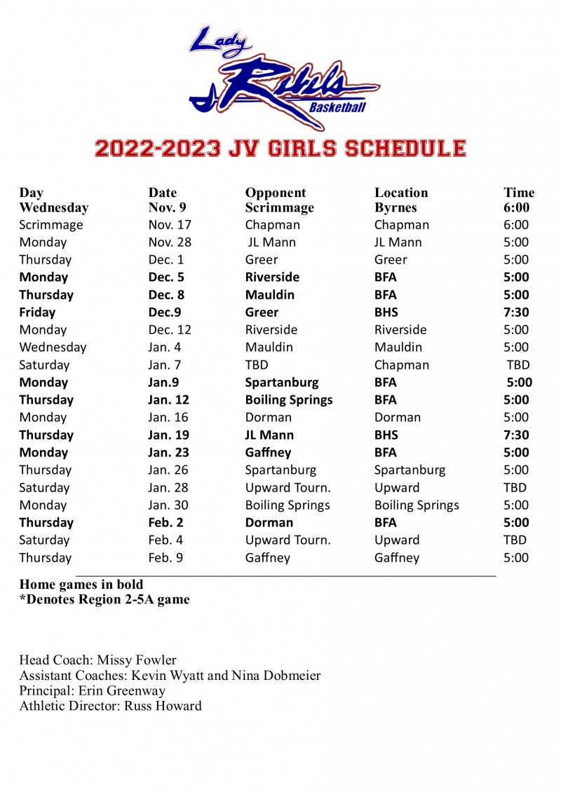 Girls Basketball JV Schedule