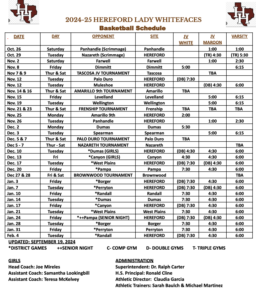 Girls BAsketball schedule