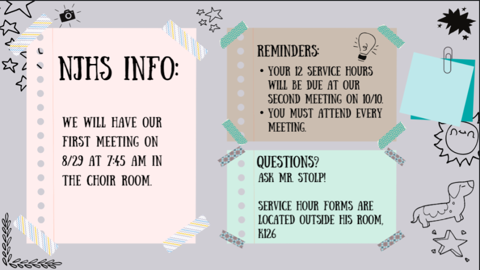 First Meeting 8/29 at 7:45am in the Choir Room.  12 service hours are due at the second meeting, 10/10.  You must attend every meeting.  If you have any questions ask Mr. Stolp.  Service Hour Forms are outside of room K126