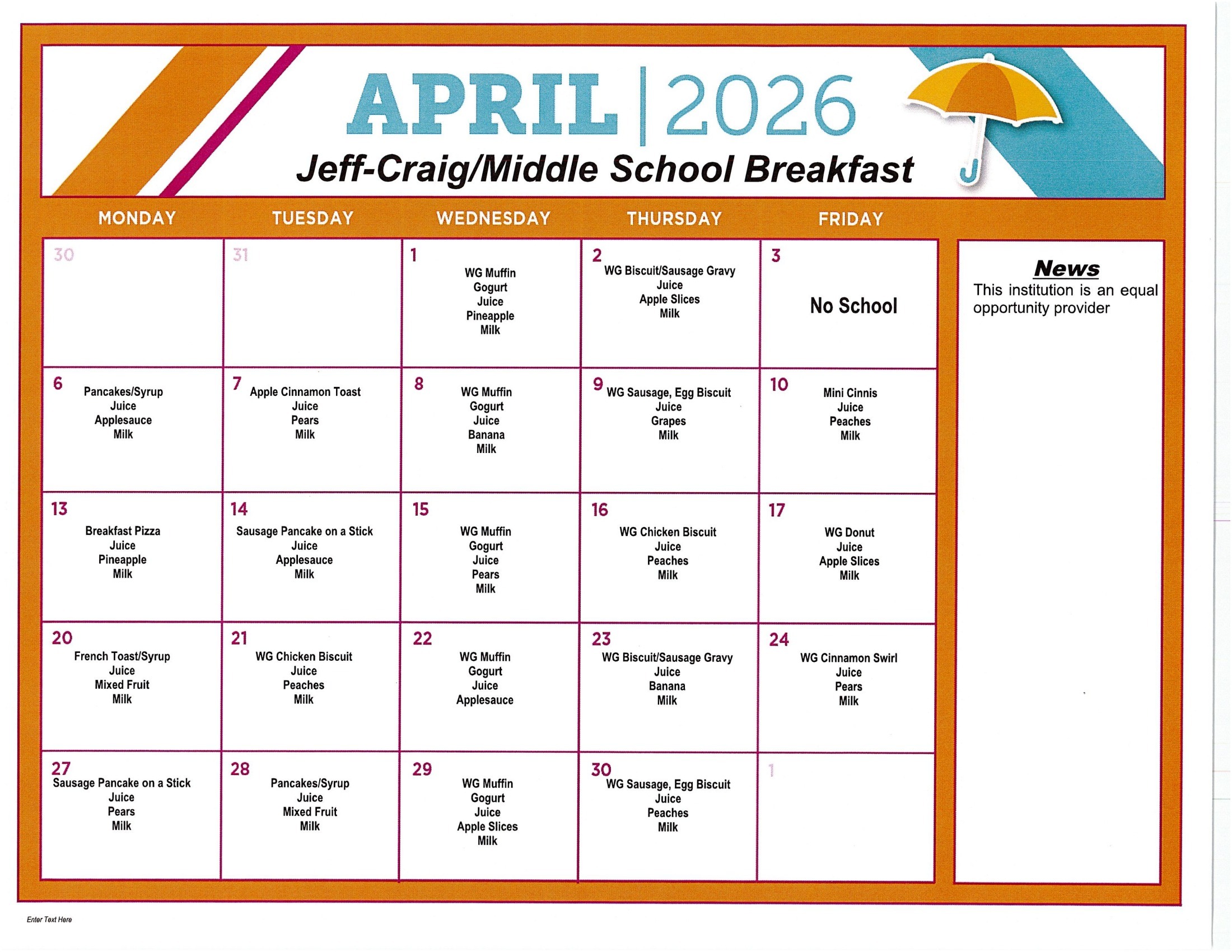 April 2026 Breakfast Menu