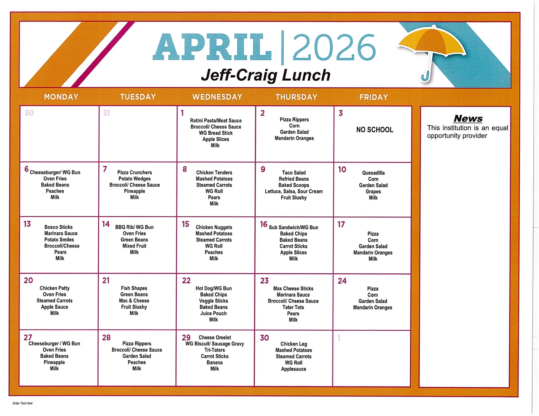 April Lunch Menu